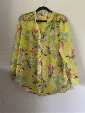 fig and flower Sheer Yellow Floral Button-Down Blouse